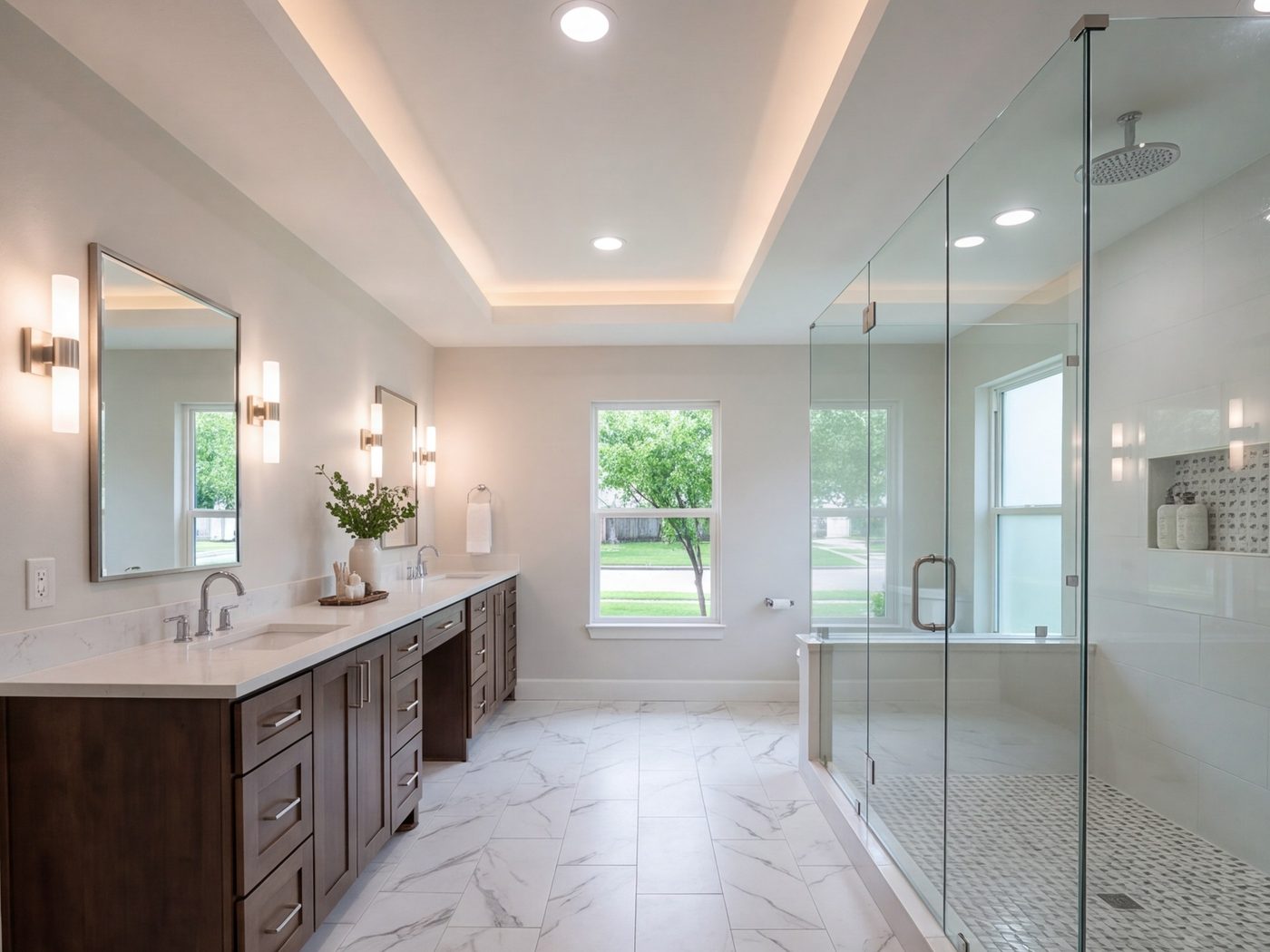 Primary bathroom with a double vanity, large shower and soft ceiling lighting after a remodel