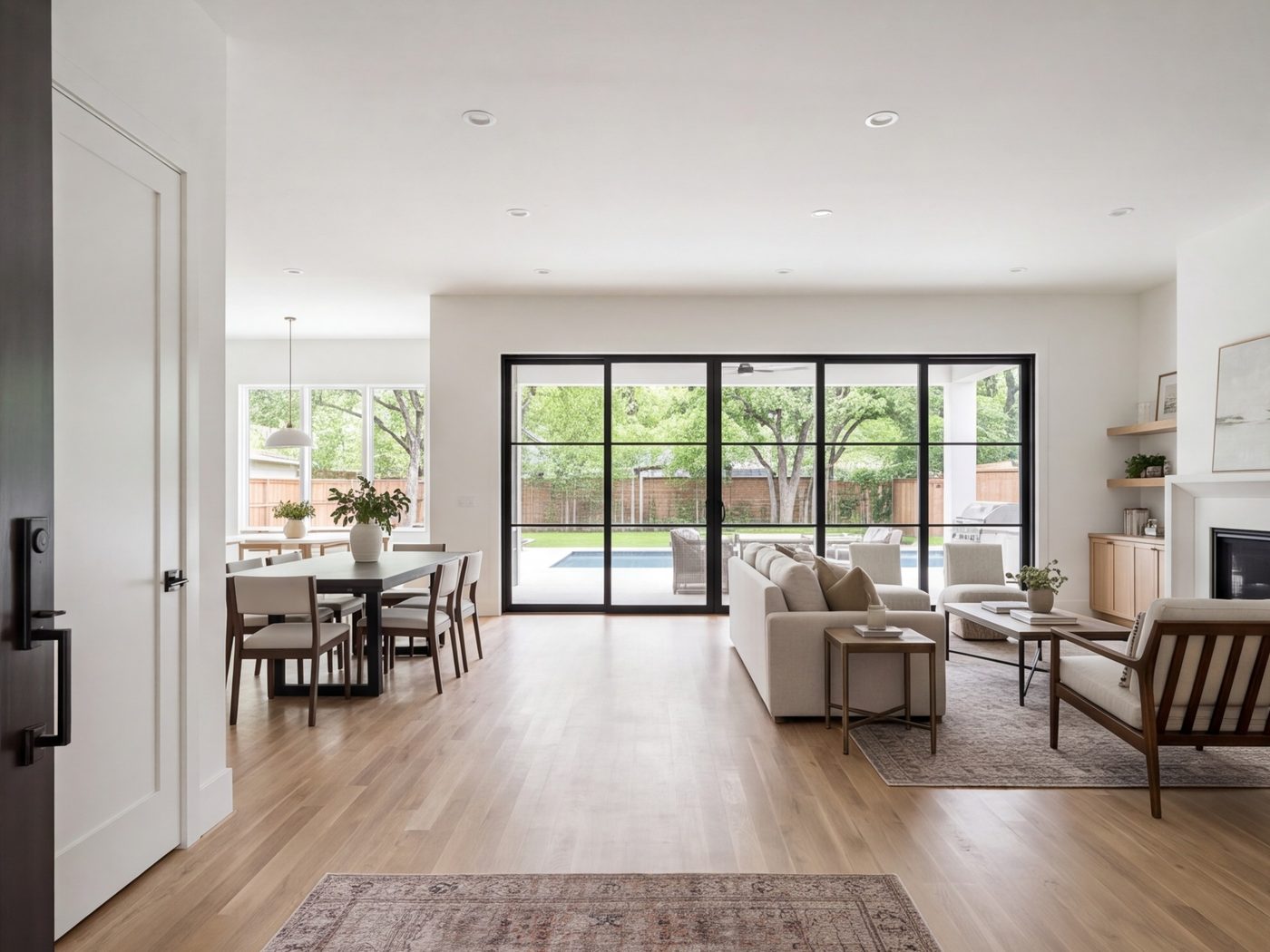 Open floor plan running from the front entry to the back yard doors in a remodeled one-story home